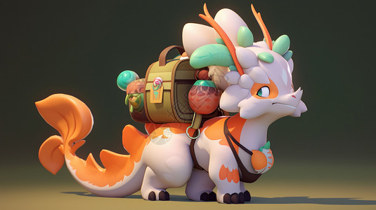 背着背包去旅行可爱的卡通3D小龙背着行李去旅行插画