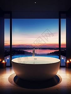 浴室全景夜晚浴室浴缸插画