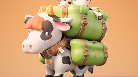 背着背包去旅行卡通奶牛背着行李去旅行插画