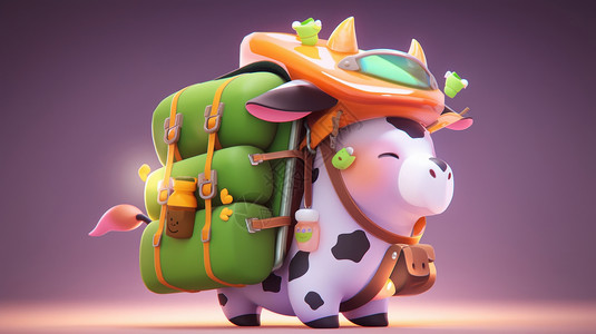 背着背包去旅行的可爱卡通小奶牛插画