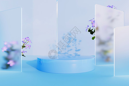 紫色小花盆栽小花毛玻璃几何体蓝色展台设计图片