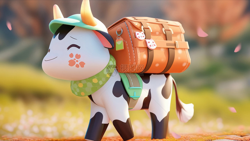 背着橙色旅行包带着小帽子去旅行的小奶牛图片