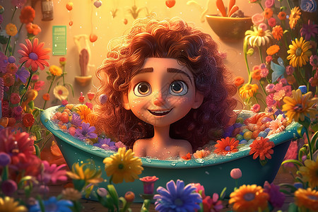 浴缸里被花朵包围的女孩皮克斯风格高清图片