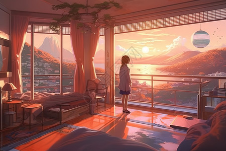 在卧室里享受日落风景的女孩动漫风格背景图片