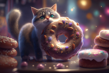 甜甜圈和猫创意卡通动画背景图片