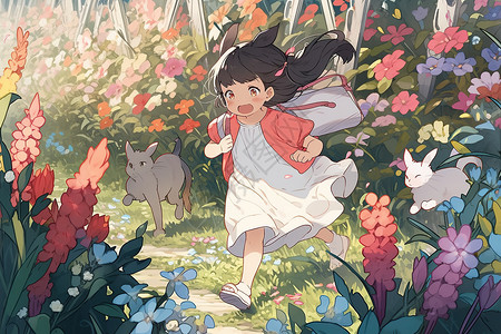 宫崎骏风格春日女孩在花丛中奔跑漫画高清图片