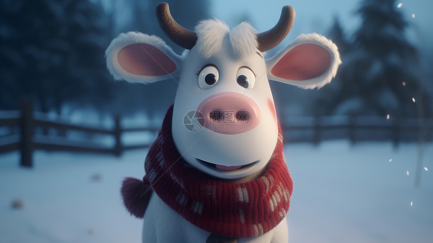 站在雪地里的呆萌小牛正面肖像图片