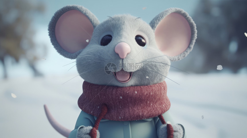 在雪中戴着红色围巾可爱的小老鼠正面肖像图片