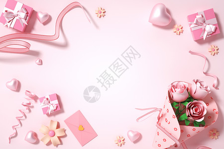 礼盒与玫瑰花束粉色花朵礼盒背景设计图片
