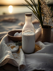 牛奶场景户外落日下的静物场景插画