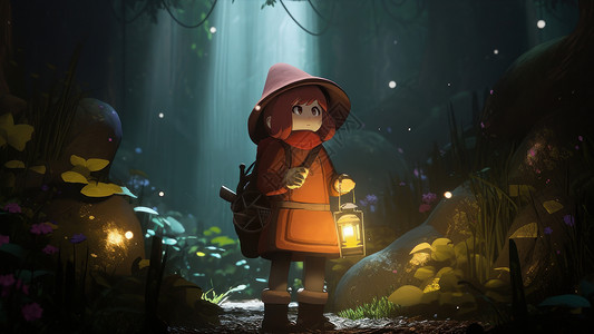 拿着发光的露营灯去山谷探险的小女孩图片