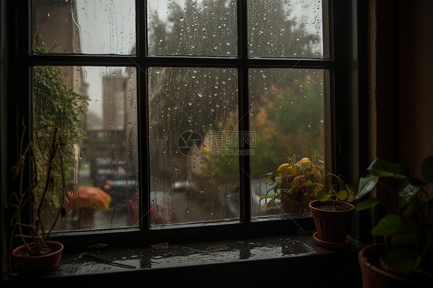 窗外下雨玻璃上的水珠图片