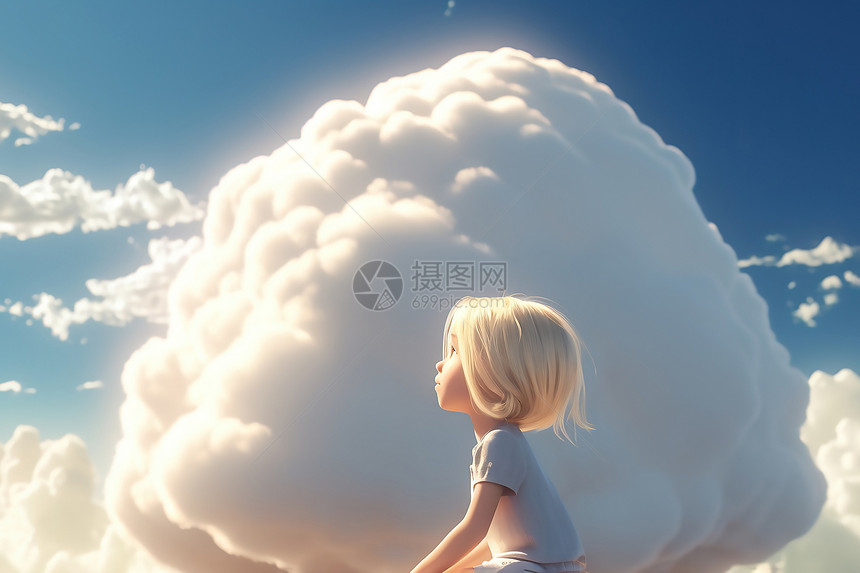 仰望天空的可爱女孩漫画3D图片