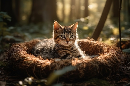 在鱼缸里的猫森林里可爱的小猫躺在猫窝里背景