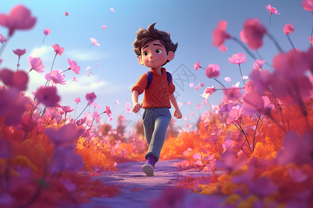 在花丛中奔跑的小男孩背景图片