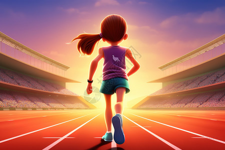 运动场跑步运动场上参加跑步的女孩背影插画