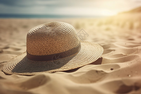 夏日沙滩上放着的太阳帽图片