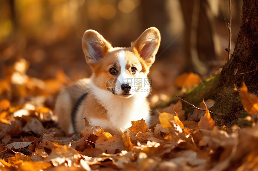 秋天里趴在树叶上的小狗图片