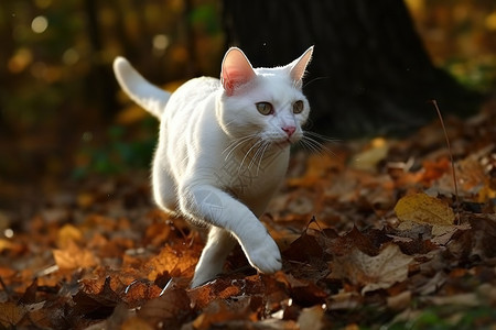 秋天森林里捕猎的白猫背景图片