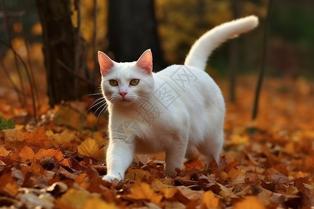 秋天森林里溜达的白猫背景图片