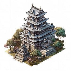 中式建筑屋檐中国风传统3D建筑插画