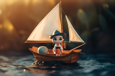 3d小人送货可爱在海面上的3D帆船插画