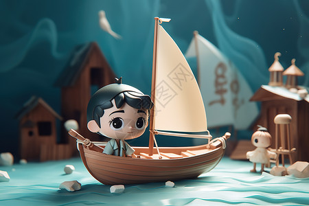 小帆船在海上航行的船只3D插画