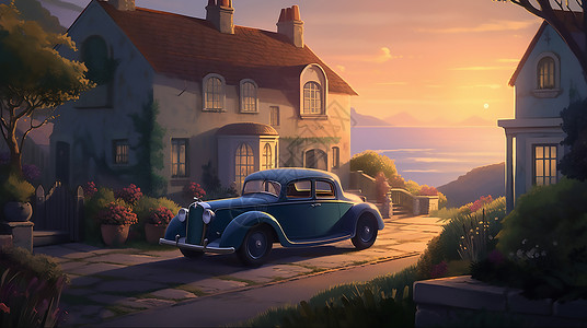 夕阳下的汽车绘画背景图片