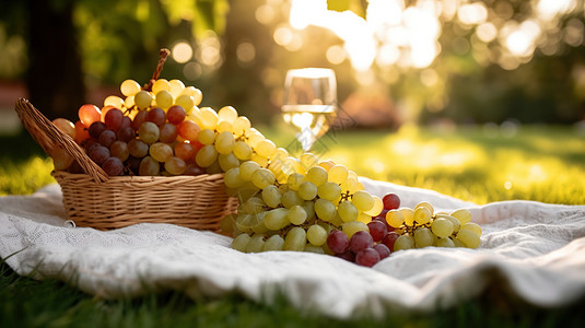 阳光下草地上诱人的葡萄背景图片