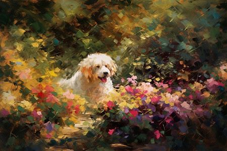 花丛中的小狗印象派风格背景图片