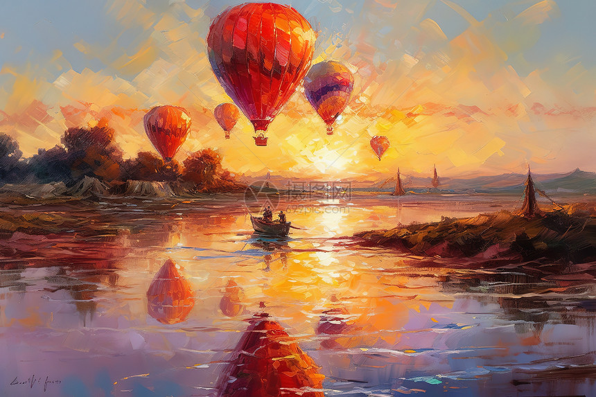 印象派风格日落时水上热气球插画图片