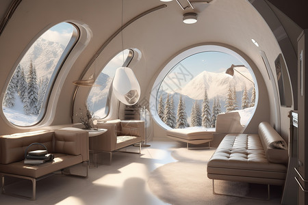 U型沙发淡米色泡沫型公寓未来主义设计插画