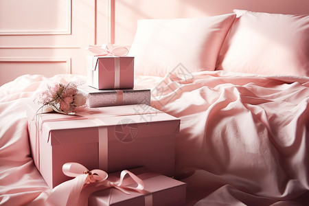柔和色调粉色床上的礼物背景图片