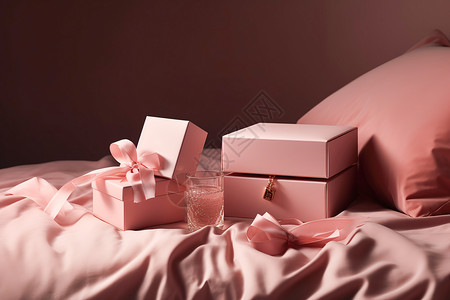 卧室粉色柔和色调粉色床上的礼物插画