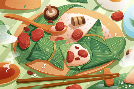 五月初五端午节包粽子插画图片