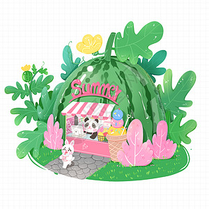 肌理风小清新立夏夏天西瓜小熊猫奶茶店背景图片