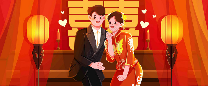 中式婚礼插画banner背景图片