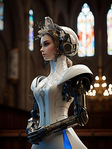 大教堂蓝色3D智能机器人新娘插画