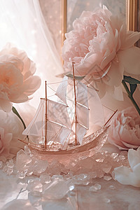 粉牡丹粉水晶帆船插画