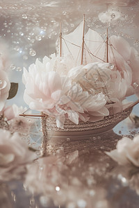 装满粉色花朵的水晶船只图片
