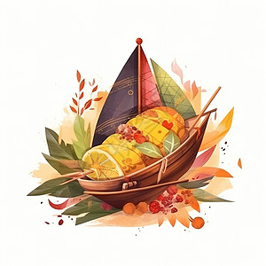 水彩手绘船只上装着美食背景图片