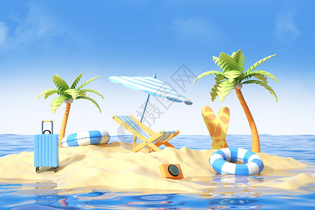 小黄鸭救生圈夏季沙滩场景设计图片
