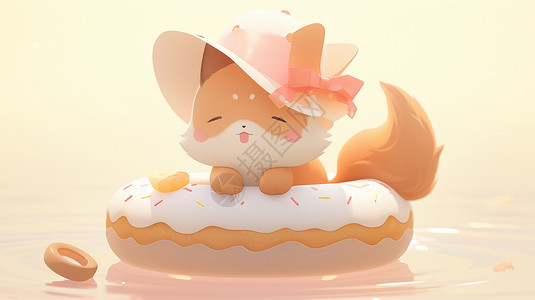 白色太阳帽在白色甜甜圈上可爱的卡通小狗插画