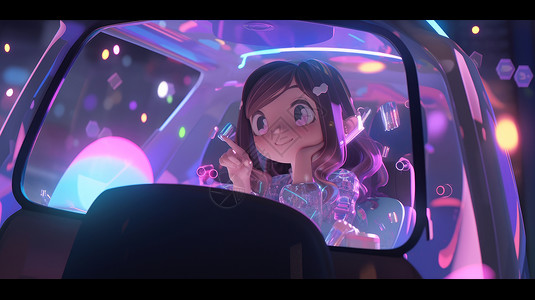 坐在车里开车的可爱的卡通长发女孩背景图片