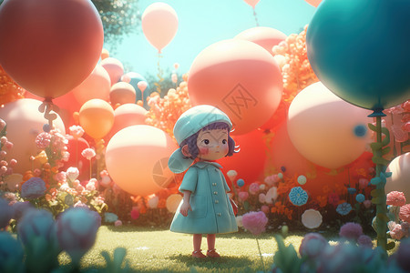六一儿童节梦幻场景彩色缤纷气球开心的小女孩高清图片