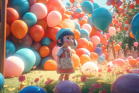 六一儿童节梦幻场景彩色缤纷气球开心的小女孩高清图片