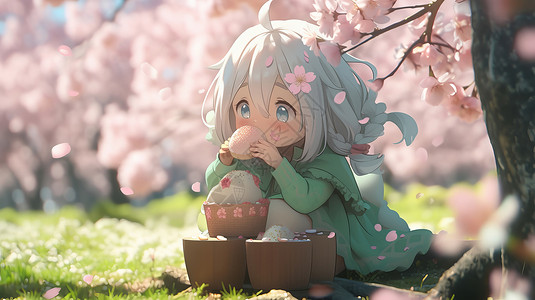 吃桃坐在粉色桃树下可爱的白色长发小女孩在吃面包插画