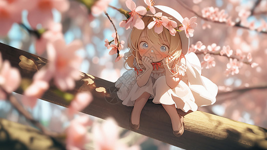 坐在桃树上欣赏花朵大的可爱的小女孩背景图片