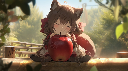 抱着狐狸的女孩抱着大红苹果睡着的可爱的卡通小女孩插画
