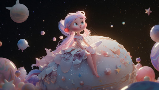 坐在梦幻的水晶气球上可爱的长发小公主背景图片